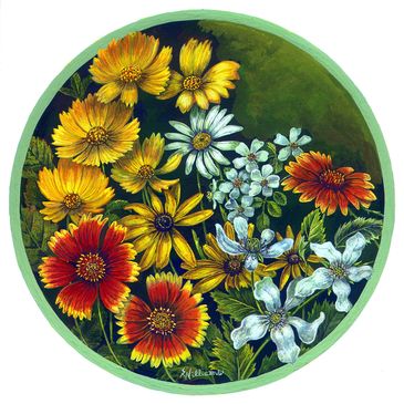Vibrant floral painting with yellow, white, and red flowers in a circular frame.