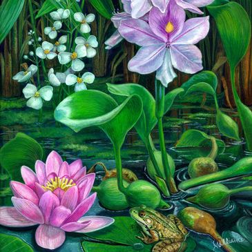 A vibrant pond scene with blooming flowers and a frog.