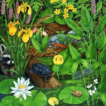 A vibrant wetland scene with diverse wildlife and lush vegetation.