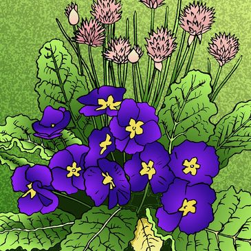 Vibrant purple flowers with green leaves and pink buds on a textured green background.