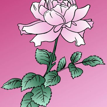 Illustration of a pink rose with green leaves on a gradient pink background.