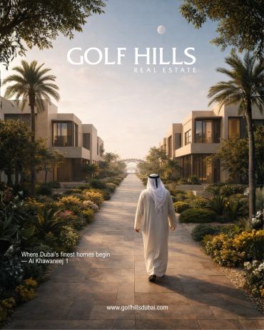 Luxurious Dubai homes in Golf Hills with serene pathways and greenery.
