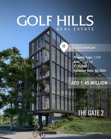 Modern real estate building in Aljada Sharjah by Golf Hills.