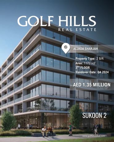 Modern 2-bedroom apartment in Aljada Sharjah by Golf Hills Real Estate.