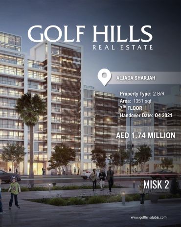 Modern residential building in Aljada Sharjah offered by Golf Hills Real Estate.