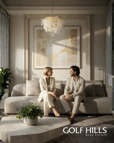 A stylish couple in neutral tones sitting on a modern sofa in a cozy, elegant living room.