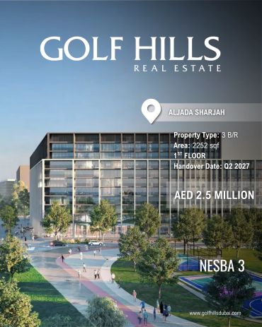 Modern real estate listing for Golf Hills, Aljada Sharjah, featuring a 3-bedroom apartment.