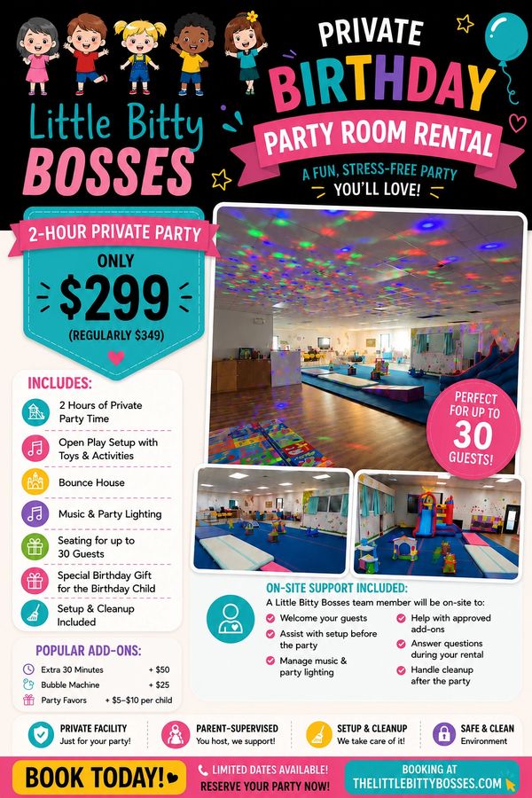 Birthday party room rental for kids by Little Bitty Bosses.