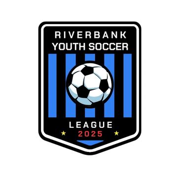 Riverbank Youth Soccer League 2025 emblem with soccer ball and stripes.