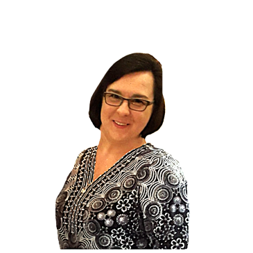 Woman smiling wearing glasses and a patterned top.