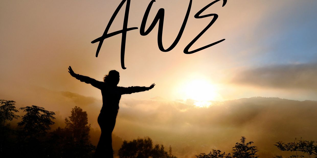 Silhouette of a person with arms outstretched at sunrise, surrounded by misty hills.