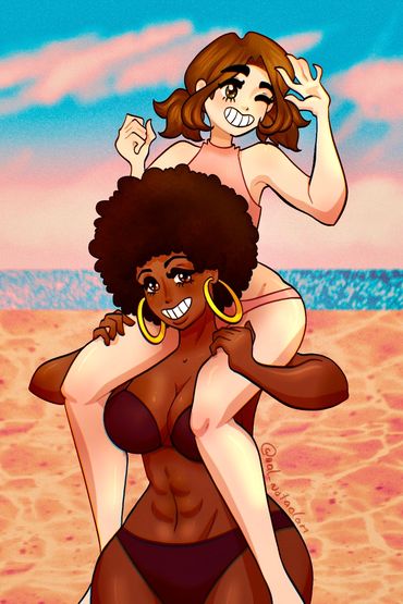 val and Pteri at the beach in bathing suits