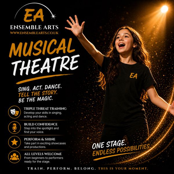 A young performer reaching out on stage, promoting Ensemble Arts Musical Theatre.