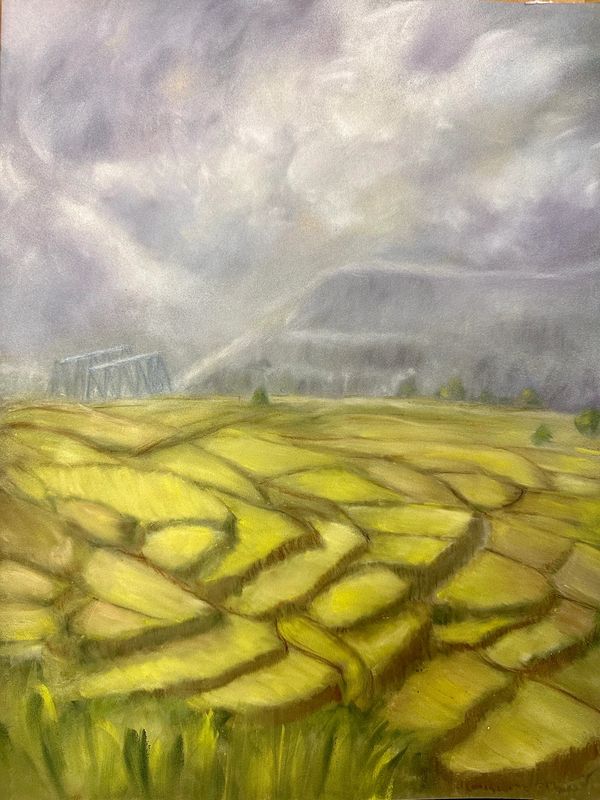 swirling clouds and mist over mountain lost in mist. Below from left to right, descending “steps” of