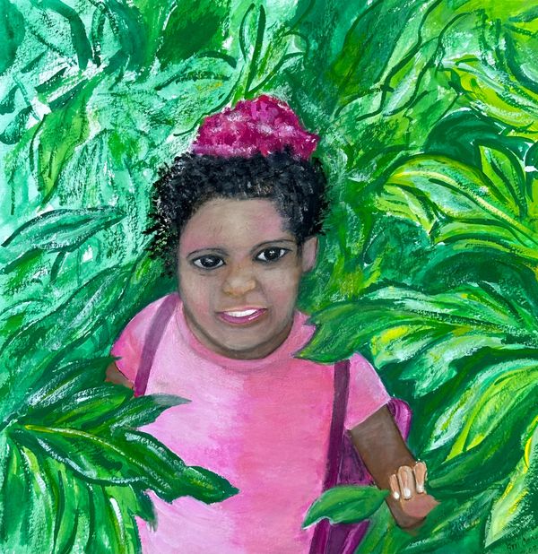 Young black girl with pink shirt and backpack emerging from leafy place