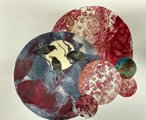 Collage with two large, one medium and three small painted circles , mainly red patterned circles. C