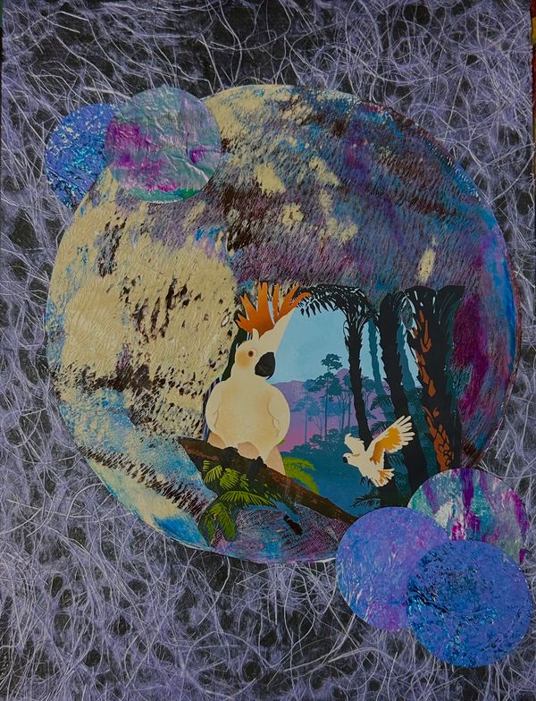 Collage on lavender open weave handmade paper with cockatiel  in center or large multi colored circl