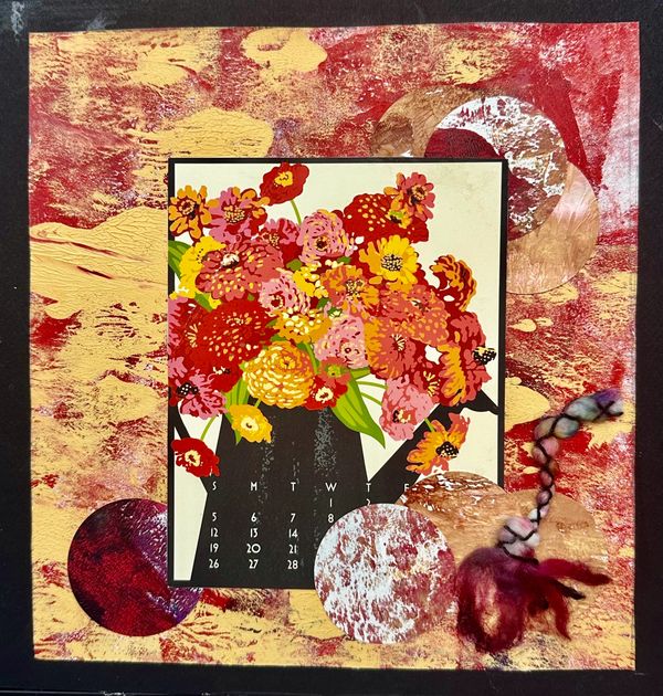 Collage of painted paper(red  & ochre with photo of flowers in watering can