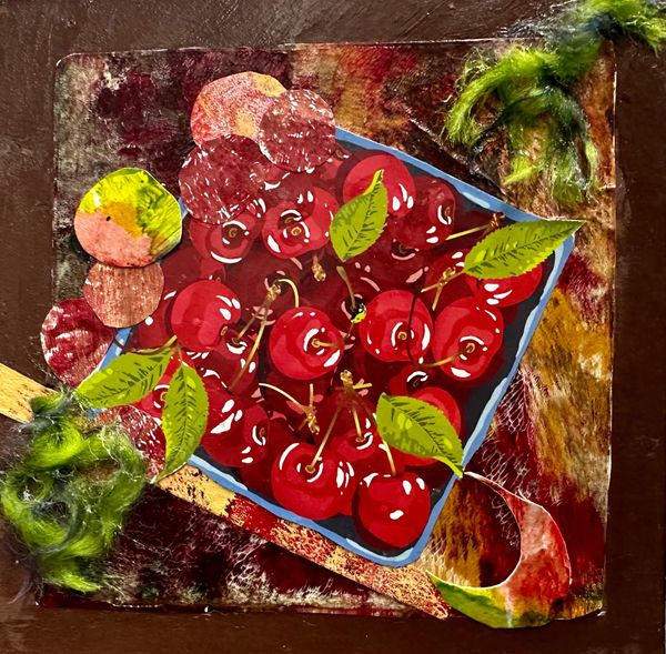 Collage with photo of basket of red cherries