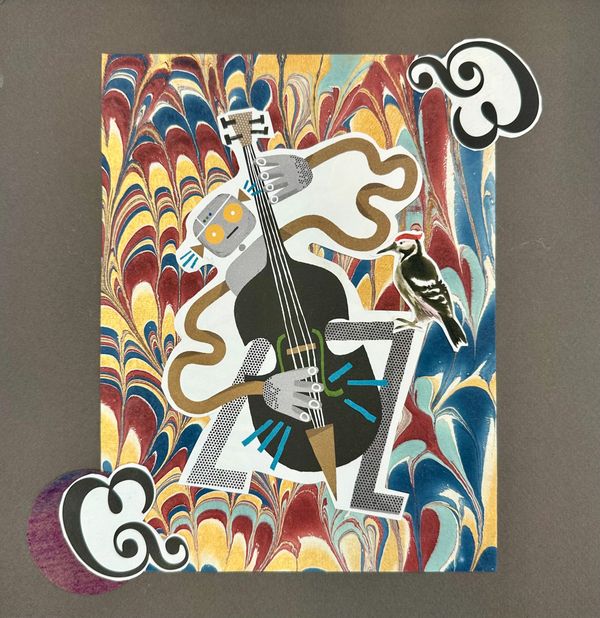 Collage of stylized guitar player on marbled paper mounted on brown mat board