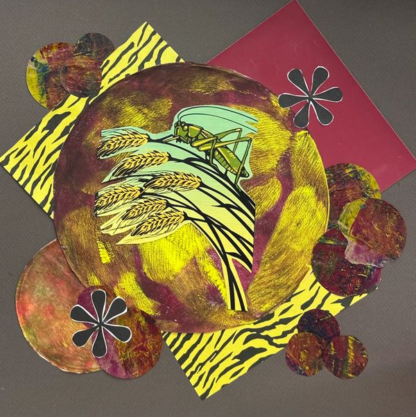 Yellow & red-violet painted paper, yellow & black printed paper, red paper, photo of wheat with gras