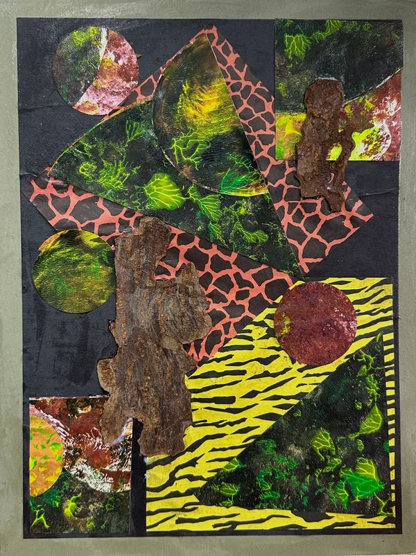 Collage with circles of painted paper, origami paper squares, cut pieces from other collages, bark
