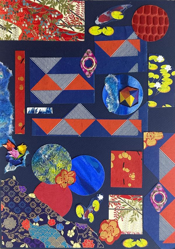 Multi-color shapes on dark blue mat board