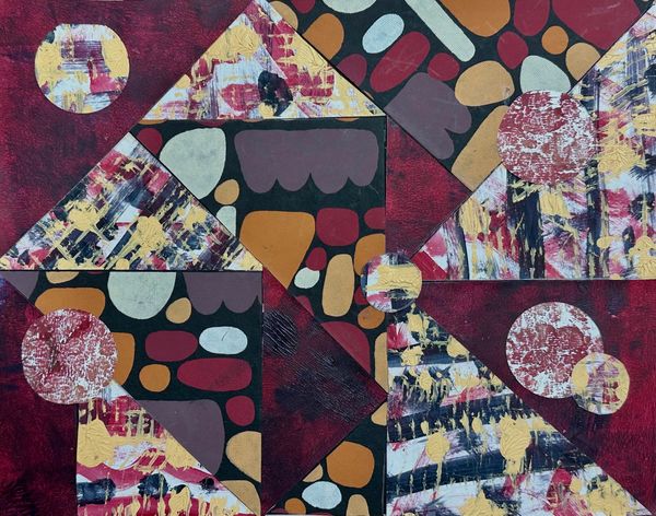Collage of burgundy and multi-color painted papers and printed papers with abstract shapes in earth