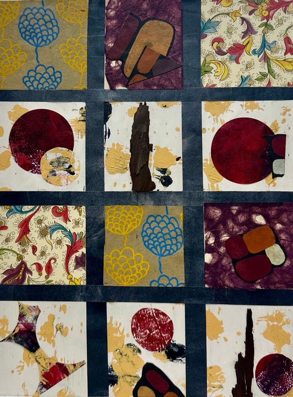 Vertical collage divided into 12 squares, each filled with colorful pieces of painted or printed pap