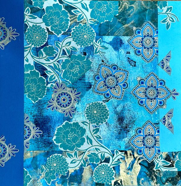 Blue and blue green floral shapes floating on textured blue background.