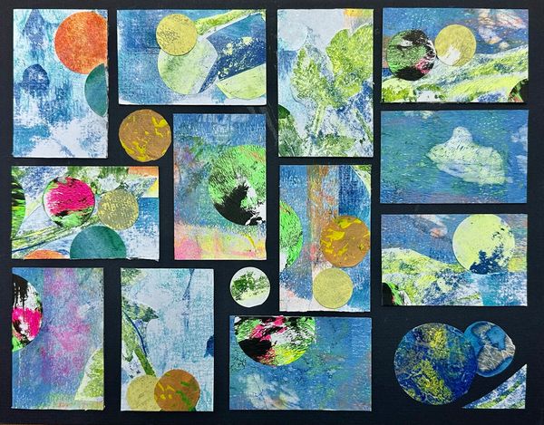 Colorful collage of 13 rectangles of painted papers with many circles