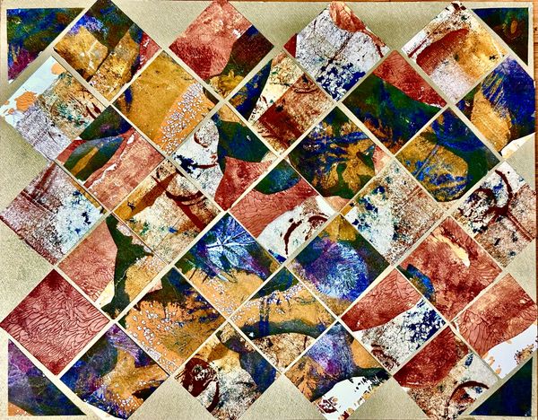 2-inch squares of painted papers arranged on parallel diagonals. Colors are golds, red browns, brown
