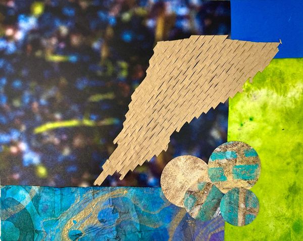 Abstract of painted and found papers in blues, greens, browns