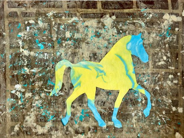 Horse image (yellow and blue marbled paper) on brown and splattered painted paper.