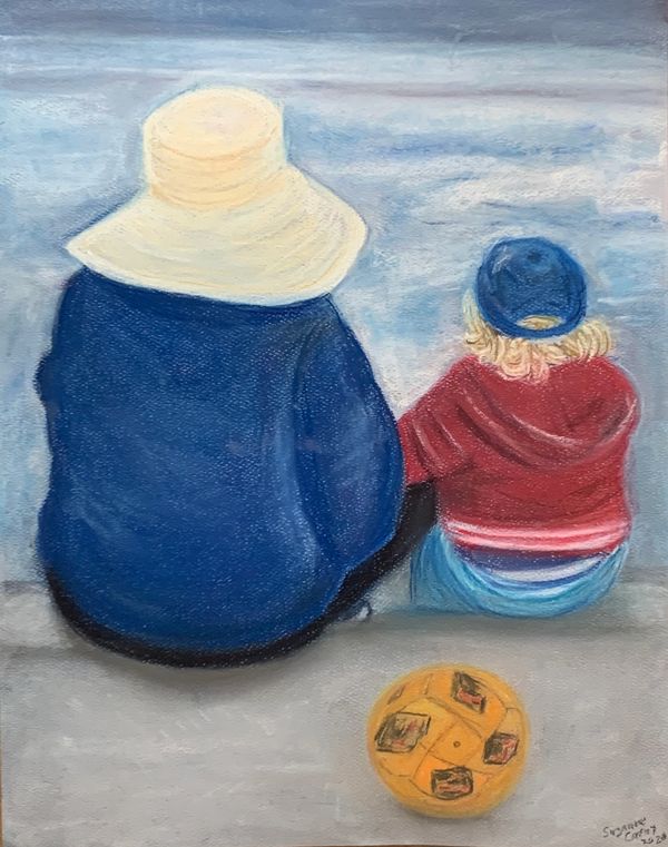 Woman and young child, backs to viewer, seated on curb with soccer ball behind them, looking into th