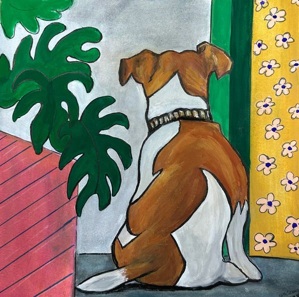 View of brown and white dog from back, lookin out a window