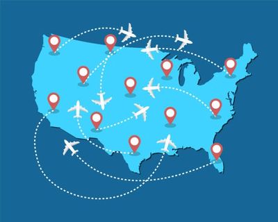 Map of the US showing flight routes with location pins and airplanes.