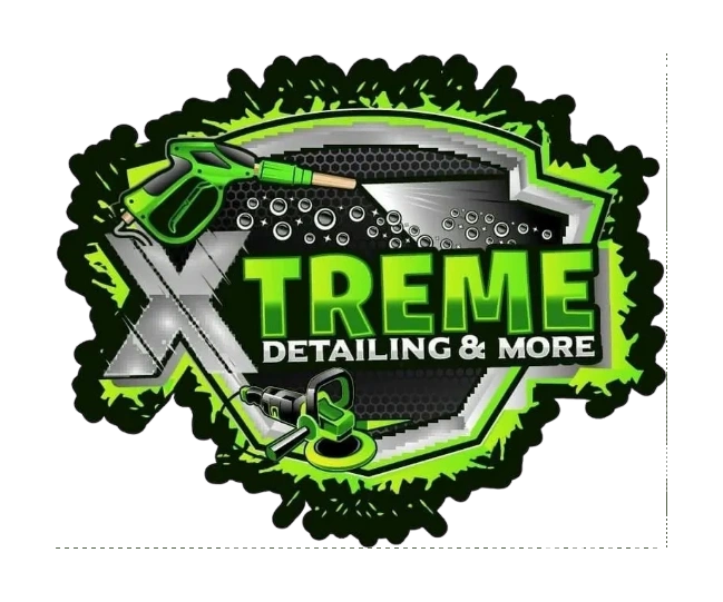 Logo for Xtreme Detailing & More with cleaning tools and green accents.