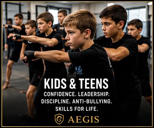 Kids and teens practicing Aegis Israeli Self Defense & Legacy Building for confidence, Successful Habits / Lifestyle, and discipline.