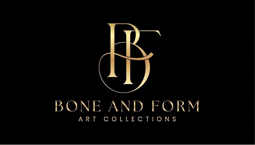 Elegant gold logo for Bone and Form Art Collections on black background.