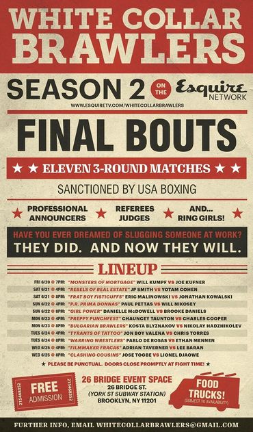 White Collar Brawlers fight poster for live filming of a show on Esquire.