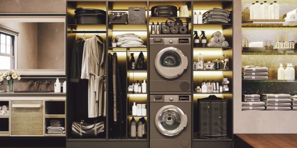 Modern laundry room with washer, dryer, and organized shelves.