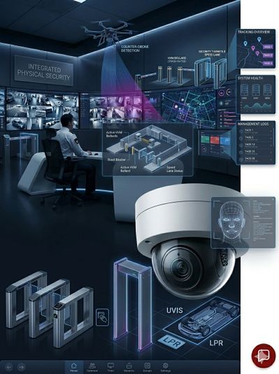 High-tech integrated physical security system with surveillance and access control.