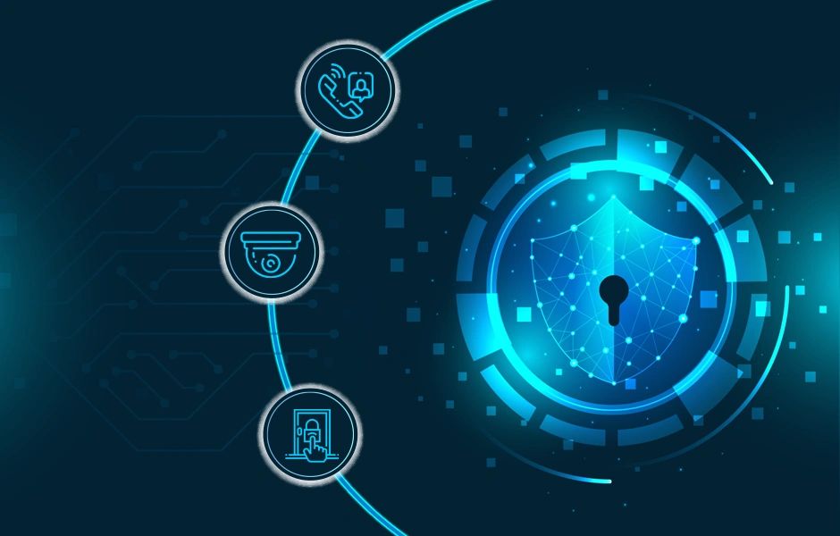 Digital shield with security icons for phone, camera, and fingerprint access.