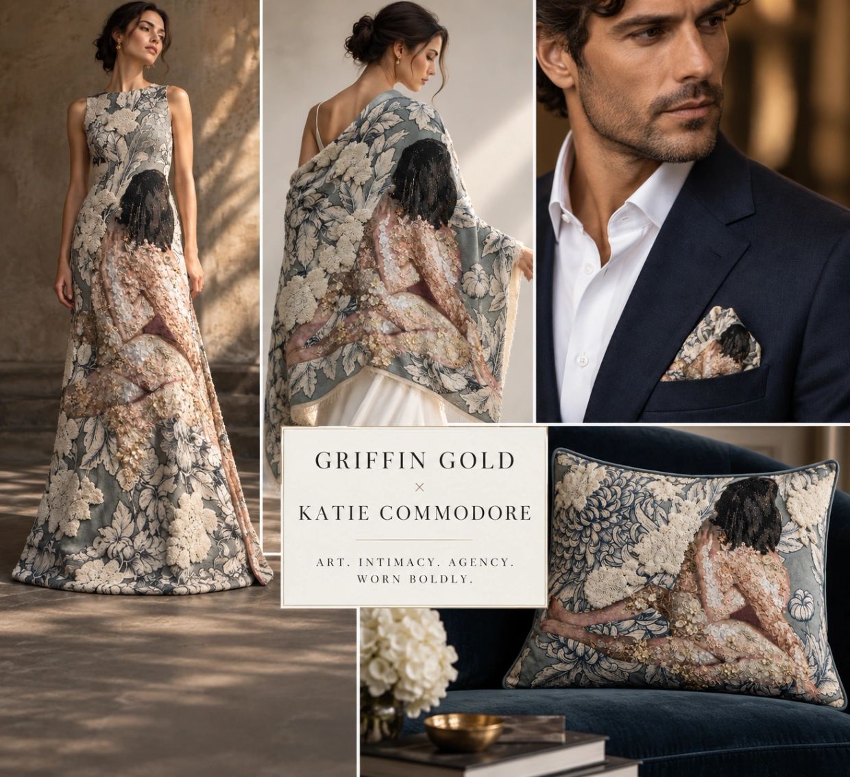 Elegant apparel and accessories featuring floral and figurative embroidery.