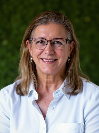 Smiling woman with glasses wearing a white shirt.