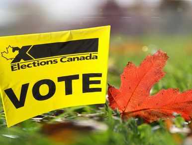 Yellow Elections Canada vote sign next to a red autumn leaf on grass.