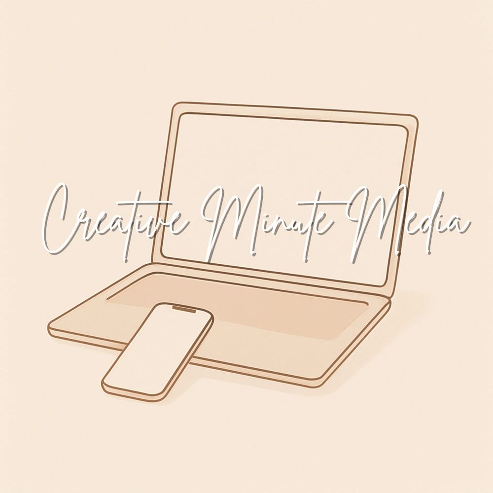Minimalist illustration of a laptop and smartphone with "Creative Minute Media" text.