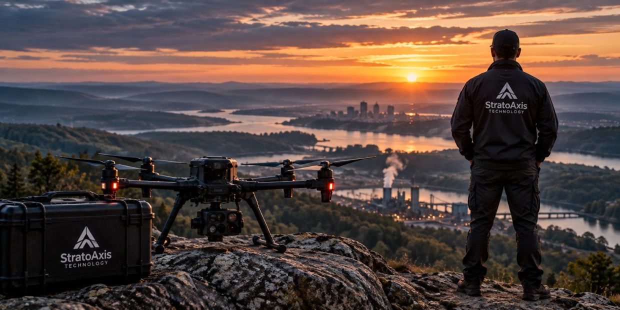 Man with drone overlooking city at sunset.