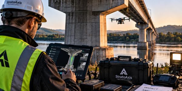 Engineer inspects a bridge using drone technology.